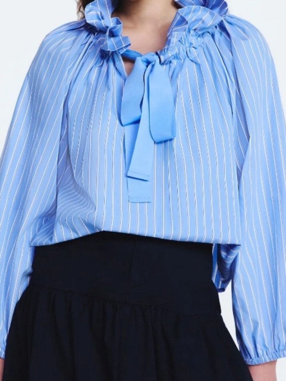 Free Assembly Women's Light Blue Ruffle Tie Neck  Top  Long Puff Sleeves Sizes M